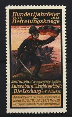 Reklamemarke Luisenburg, Hundertjahrfeier der Befreiungskriege 1813-1913, Soldat mit Flagge