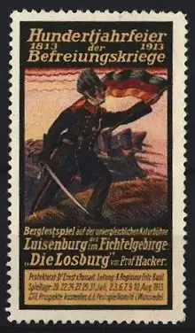 Reklamemarke Luisenburg, Hundertjahrfeier der Befreiungskriege 1813-1913, Soldat mit Flagge