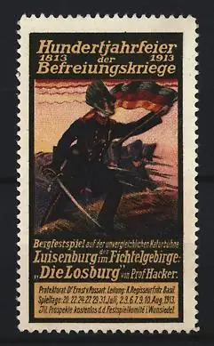 Reklamemarke Luisenburg, Hundertjahrfeier der Befreiungskriege 1813-1913, Soldat und Flagge