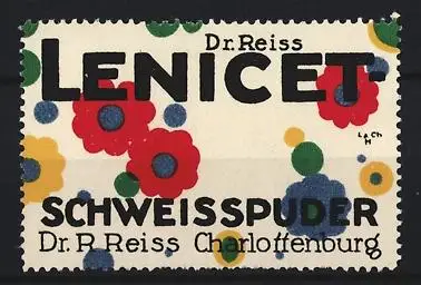 Reklamemarke Charlottenburg, Dr. Reiss, Schweisspuder Lenicet, Blumenmuster
