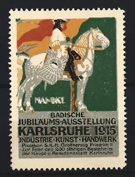 Reklamemarke Karlsruhe, Badische Jubiläums-Ausstellung 1915, Reiter auf Pferd