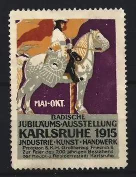 Reklamemarke Karlsruhe, Badische Jubiläums-Ausstellung 1915, Reiter auf Pferd