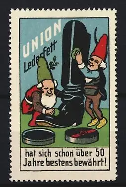 Reklamemarke Union Lederfett, Zwerge beim Schuhputzen
