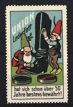 Reklamemarke Union Lederfett, Schuhputzende Zwerge