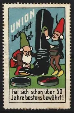 Reklamemarke Union Lederfett, Zwerge polieren Stiefel