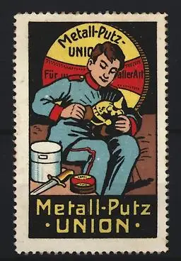 Reklamemarke Metall-Putz Union, Mann poliert Pickelhaube