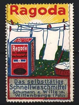 Reklamemarke Wittenberge, Ragoda Schnellwaschmittel, Wäscheleine und Waschzuber