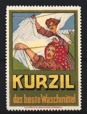Reklamemarke Kurzil Waschmittel, Frauen beim Wäscheaufhängen