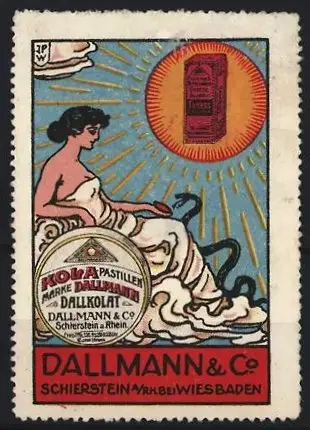 Reklamemarke Schierstein, Dallmann & Co., Kola-Pastillen, Frau mit Schlange, Jugendstil