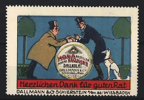 Reklamemarke Schierstein, Dallmann & Co, Kola-Pastillen, Zwei Männer mit Hund