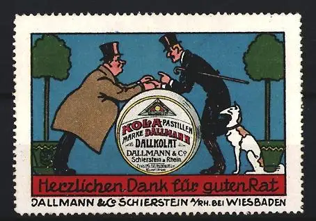 Reklamemarke Schierstein, Dallmann & Co, Kola-Pastillen, Zwei Männer mit Hund