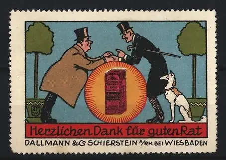 Reklamemarke Schierstein, Dallmann & Co, Kola-Pastillen, Zwei Männer mit Hund