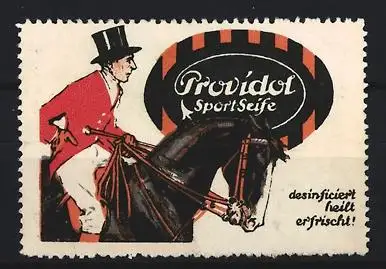 Reklamemarke Providol Sport-Seife, Desinfiziert heilt erfrischt, Reiter auf Pferd