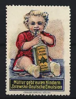 Reklamemarke Zalewskis Deutsche Emulsion, Kind mit Flasche