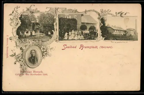 AK Bad Bramstedt /Holstein, Kurhaus und Matthias-Bad, Gründer Matthias Heesch, Kurgarten