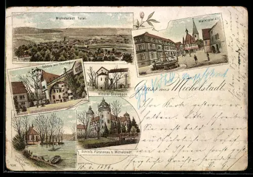 Lithographie Michelstadt, Schloss mit Thorbogen, Marktplatz, Schloss Fürstenau, Kloster Steinbach