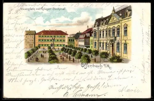 Lithographie Offenbach a. M., Alicenplatz, Krieger-Denkmal