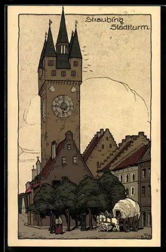 Steindruck-AK Straubing, Blick zum Stadtturm