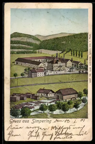 Lithographie Simpering, Ortsansicht aus der Vogelschau