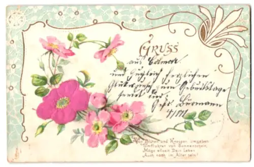 Stoff-Präge-AK Rosen, Ornamente, Gedichtvers
