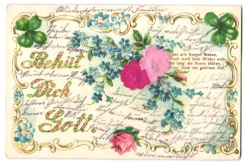 Stoff-Präge-AK Rosen, Kleeblätter, Vergissmeinnicht, Ornamente, Schriftzug Behüt Dich Gott
