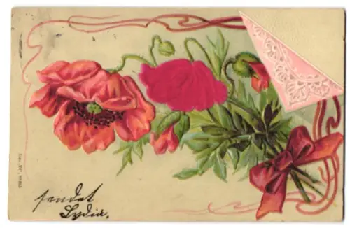 Stoff-Präge-AK Mohnblumen mit Schleife, Ornamente