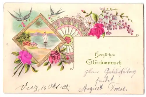 Stoff-Präge-AK Segelboot mit goldener Sonne, Rosen, Schwalben, Ornament
