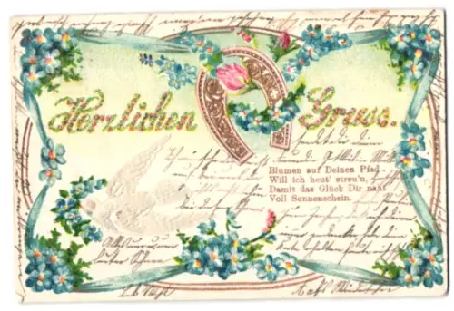 Stoff-Präge-AK Weisse Taube mit Vergissmeinnicht, Hufeisen, Rose, Gedichtvers