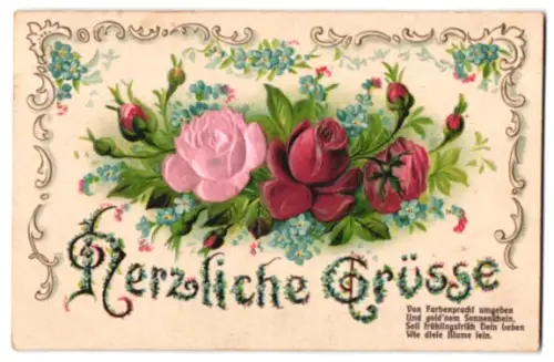 Stoff-Präge-AK Rosen, Vergissmeinnicht, Ornament-Rahmen, Gedichtvers