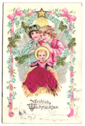 Stoff-Präge-AK Engelpaar mit Jesuskind im Pupurgewand, Vergissmeinnicht, Stern, Weihnachtsgruss