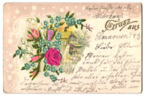 Stoff-Präge-AK Rosen und Vergissmeinnicht, Wassermühle, Sterne, Ornamente