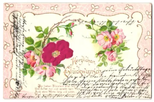 Stoff-Präge-AK Rosen, Ornament-Rahmen, Gedichtvers
