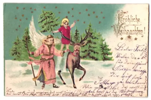 Lithographie Fröhliche Weihnachten, Weihnachtsengel mit Christkind und Rentier