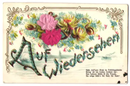 Stoff-Präge-AK Rosen, Seerosen, See-Idylle, Schriftzug Auf Wiedersehen