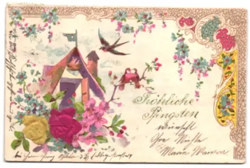 Stoff-Präge-AK Rosen, Schwalbe u. Schwalbennest, Vogelpaar, Pfingstgruss