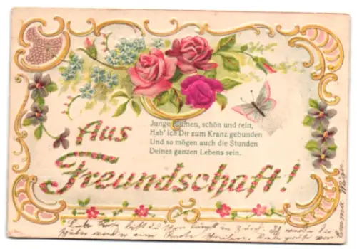 Stoff-Präge-AK Rosen, Schmetterling, Schriftzug Aus Freundschaft