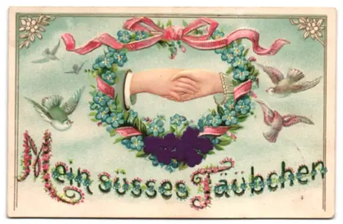 Stoff-Präge-AK Handschlag eines Paares, Veilchen u. Vergissmeinnicht, Tauben