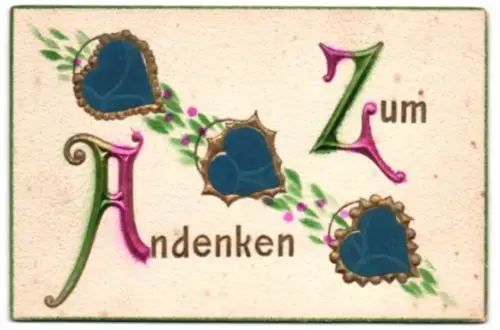 Stoff-Präge-AK Blaue Herzen mit Goldrahmen, Schriftzug Zum Andenken
