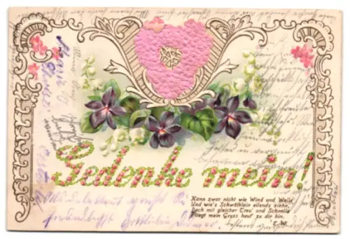 Stoff-Präge-AK Veilchen, Rosa Blumenherz, Ornamente, Schriftzug Gedenke Mein