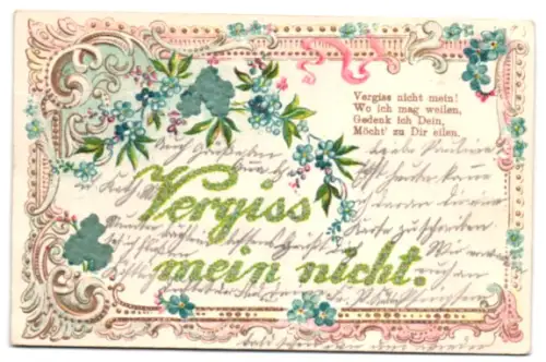Stoff-Präge-AK Vergissmeinnicht, Ornament-Rahmen, Schriftzug Vergiss mein nicht