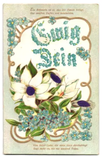 Stoff-Präge-AK Weisse Blumen, Vergissmeinnicht, Schriftzug Ewig Dein