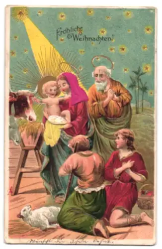 Stoff-Präge-AK Krippenszene mit Ochse u. Schaf, Weihnachtsgruss