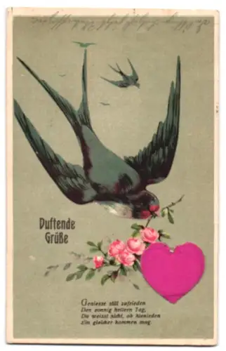 Stoff-Präge-AK Schwalbe mit Rosenzweig und Herz, Duftende Grüsse