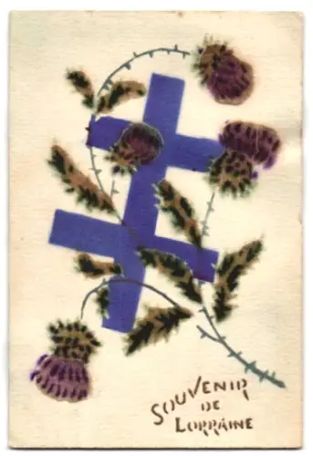 Stoff-Präge-AK Souvenir de Lorraine, Violettes Doppelkreuz mit Blütenzweig