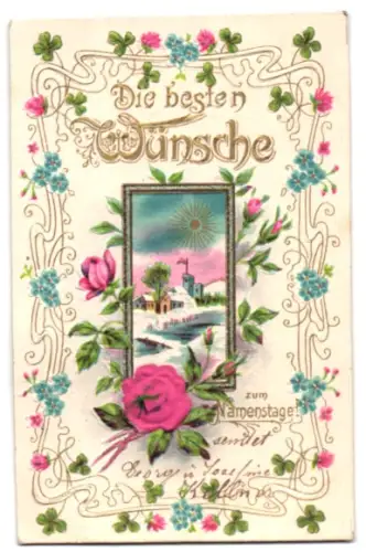 Stoff-Präge-AK Schnee-Idylle mit goldener Sonne, Rosen, Glücksklee, Vergissmeinnicht, Namenstagsgruss