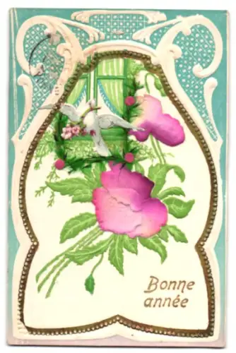 Stoff-Präge-AK Rosen, Weisse Taube mit Blume, Ornament-Rahmen, Neujahrsgruss
