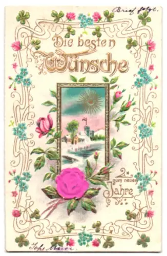 Stoff-Präge-AK Rose, Schnee-Idylle mit goldener Sonne, Glücksklee, Vergissmeinnicht