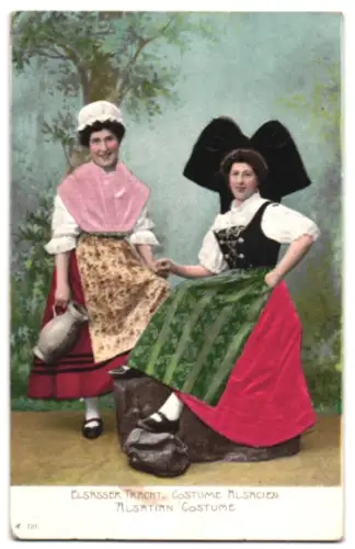 Stoff-Präge-AK Elsässer Tracht, Zwei Trachtenmädchen