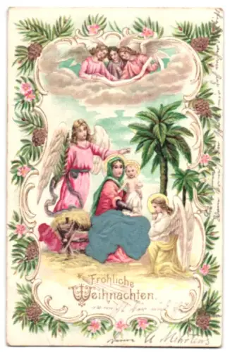Stoff-Präge-AK Maria mit Kind an der Krippe, Engel, Tannenzapfen, Weihnachtsgruss