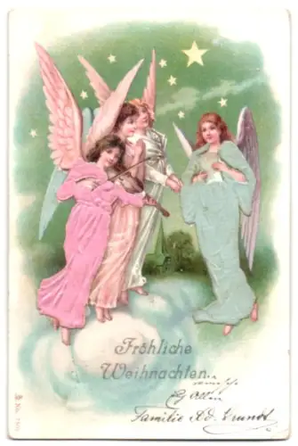 Stoff-Präge-AK Schwebende Engel mit Geige, Weihnachtsgruss